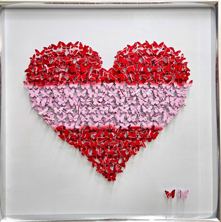 Sculpture titled "Red Pink Heart" by Shelby, Original Artwork, Aluminium Mounted on Wood Panel