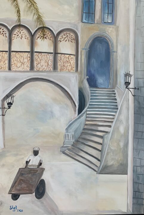 Painting titled "Up the staircase" by Shelina Khimji, Original Artwork, Acrylic Mounted on Wood Stretcher frame