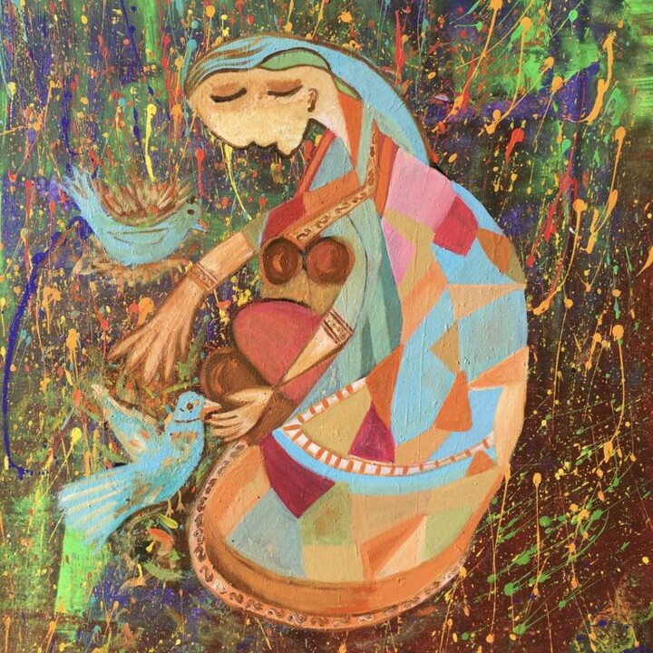 Peinture intitulée "lady with pigeon" par Shelja_arts Shelja Garg, Œuvre d'art originale, Acrylique