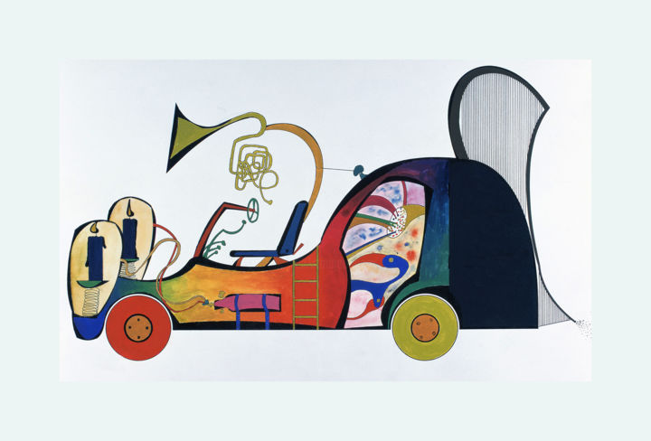 Painting titled "Fantasieauto" by Hermann Bauer, Original Artwork, Watercolor