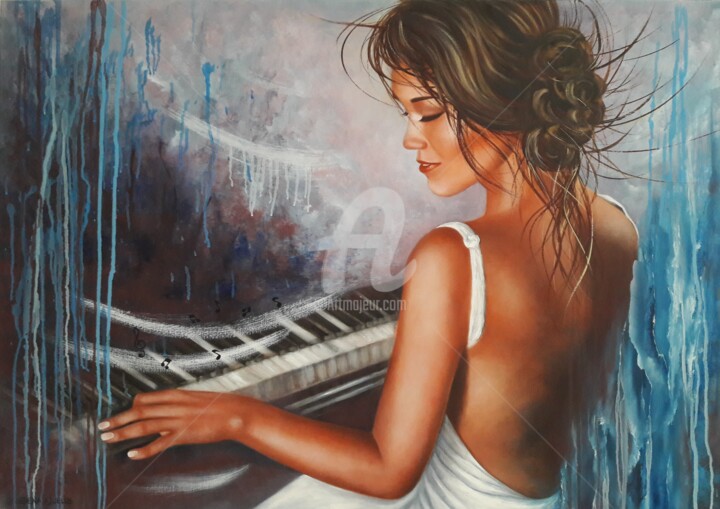 Painting titled ""Blues melody"" by Shena Ajuelos, Original Artwork, Oil