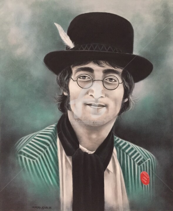 Painting titled ""John Lennon"" by Shena Ajuelos, Original Artwork, Oil Mounted on Wood Stretcher frame