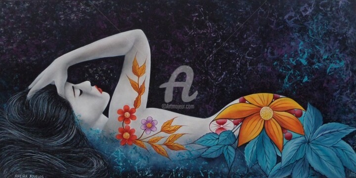 Painting titled ""Femme fleur"" by Shena Ajuelos, Original Artwork, Oil