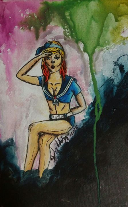 Painting titled "Pin up girl "Lucy I…" by Sherly Velazquez, Original Artwork, Ink