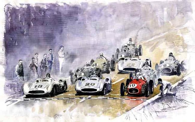 Painting titled "Red Car Maserati 25…" by Yuriy Shevchuk, Original Artwork, Watercolor