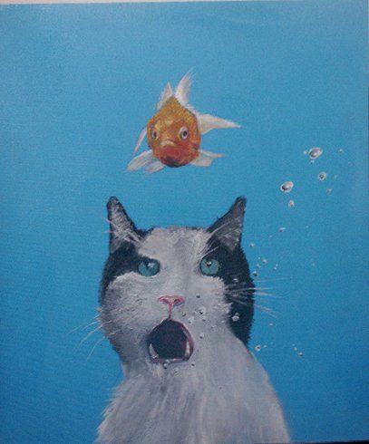 Painting titled "le chat et le poiss…" by Nil Shewil, Original Artwork