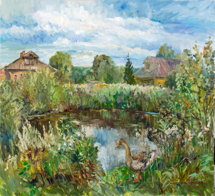 Painting titled "Гусь у пруда в Давы…" by Vasilii Shikhanov, Original Artwork, Oil