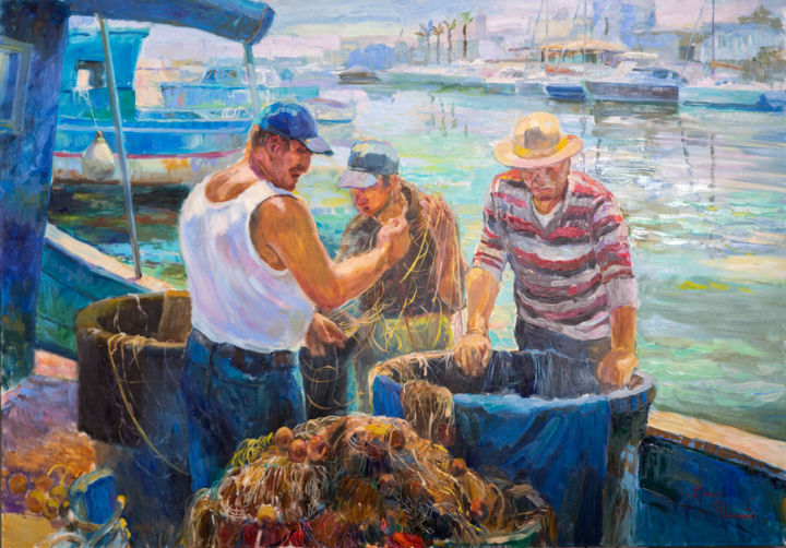 Painting titled "Рыбаки в городе Бар…" by Vasilii Shikhanov, Original Artwork, Oil