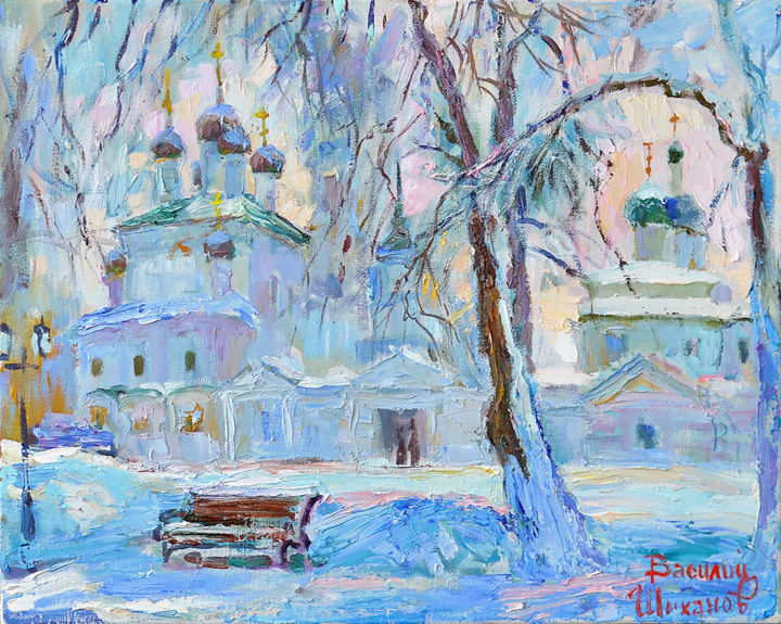 Painting titled "Зимой в Ярославле (…" by Vasilii Shikhanov, Original Artwork, Oil Mounted on Wood Stretcher frame