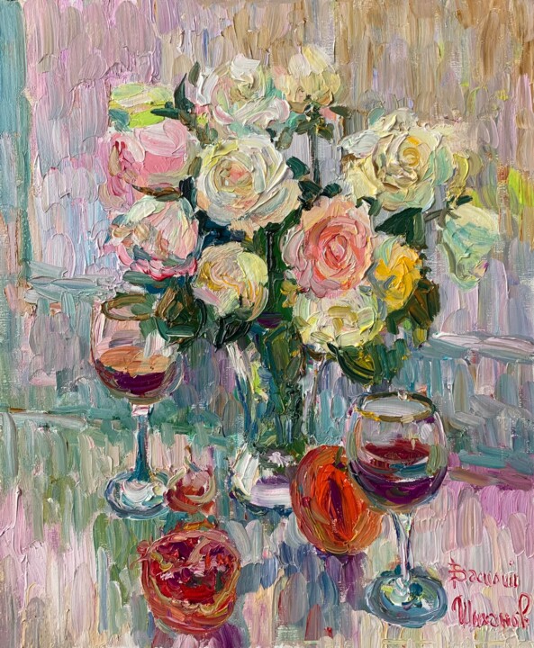 Картина под названием "«Натюрморт с розами…" - Василий Шиханов, Подлинное произведение искусства, Масло Установлен на Деревя…