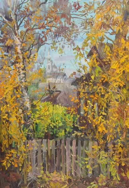 Картина под названием "Золотая осень в сел…" - Василий Шиханов, Подлинное произведение искусства