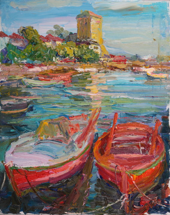 Painting titled "Лодки у причала в У…" by Vasilii Shikhanov, Original Artwork, Oil