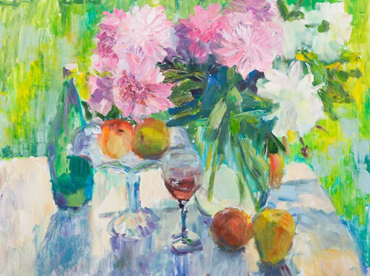 Картина под названием "Пионы и фрукты" - Василий Шиханов, Подлинное произведение искусства, Масло