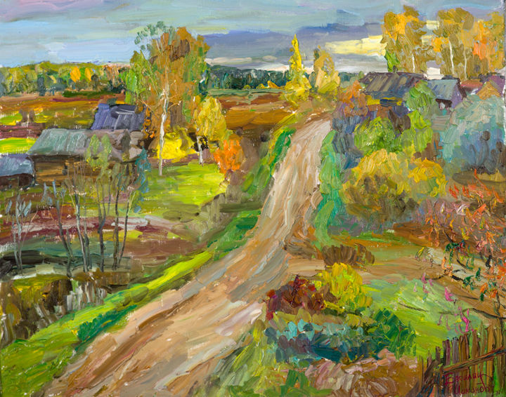 Картина под названием "Золотая осень в сел…" - Василий Шиханов, Подлинное произведение искусства, Масло