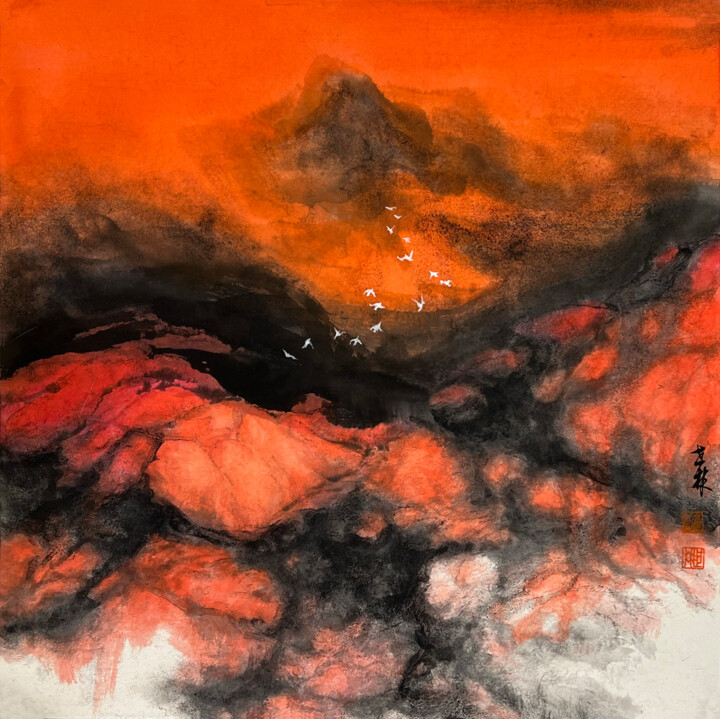 绘画 标题为“夕阳山谷鸟惊飞（局部）” 由Shilin Ming, 原创艺术品, 水彩
