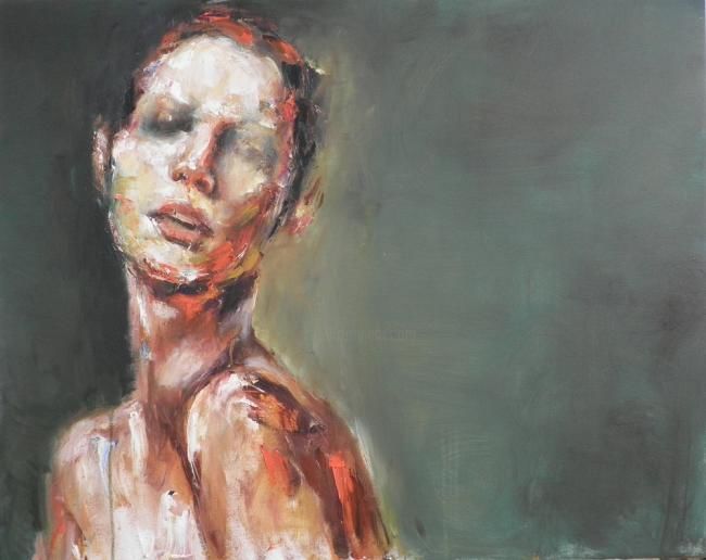 Painting titled "Woman on green back…" by Shimrit Yariv, Original Artwork, Oil