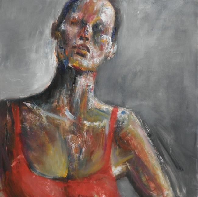 Painting titled "Woman with red top" by Shimrit Yariv, Original Artwork, Oil