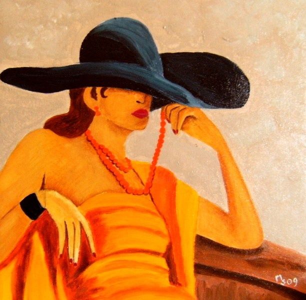 Painting titled "dame au chapeau" by Anastine Création, Original Artwork