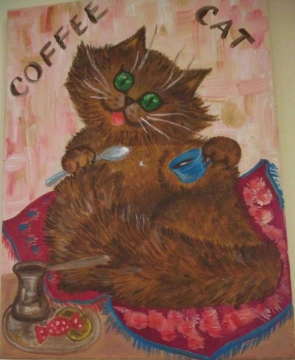 Painting titled "Cofee Cat" by Tatiana Shirova, Original Artwork, Oil