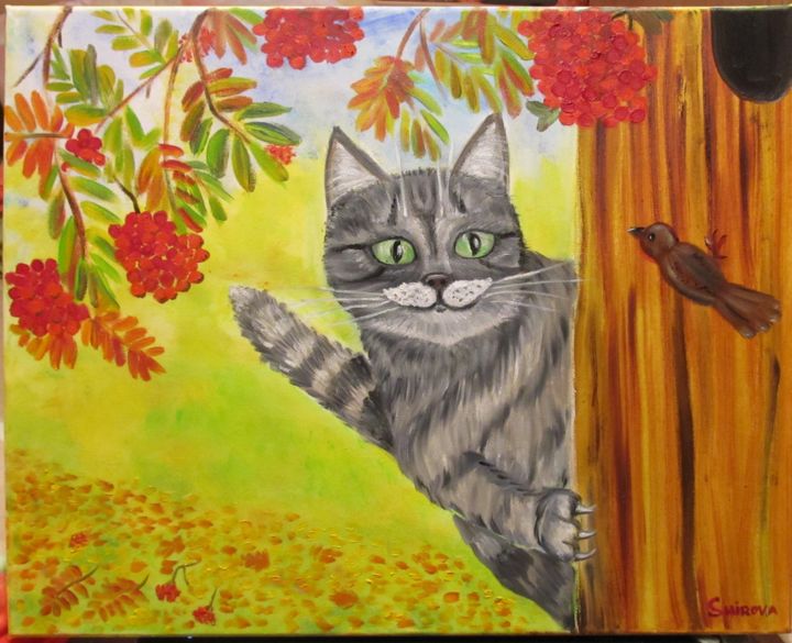 Картина под названием "Autumn. Cat and bird" - Tatiana Shirova, Подлинное произведение искусства, Масло