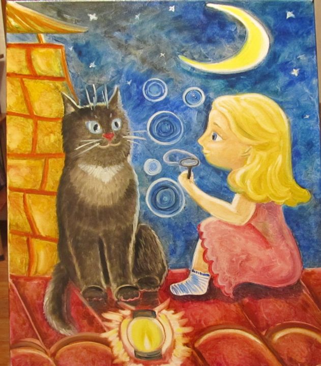 Malerei mit dem Titel "Girl. Cat and soap…" von Tatiana Shirova, Original-Kunstwerk, Öl