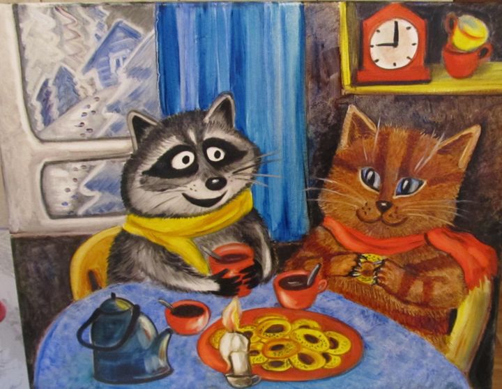 Painting titled "Tea party" by Tatiana Shirova, Original Artwork, Oil