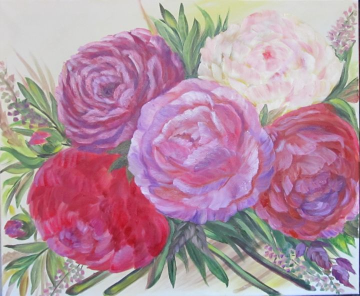 Painting titled "Magic Peonies" by Tatiana Shirova, Original Artwork, Oil