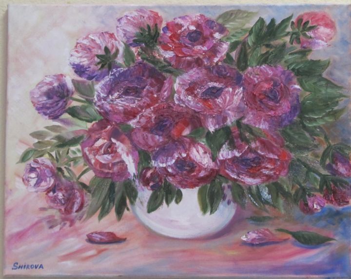 Painting titled "Peonies in February" by Tatiana Shirova, Original Artwork, Oil