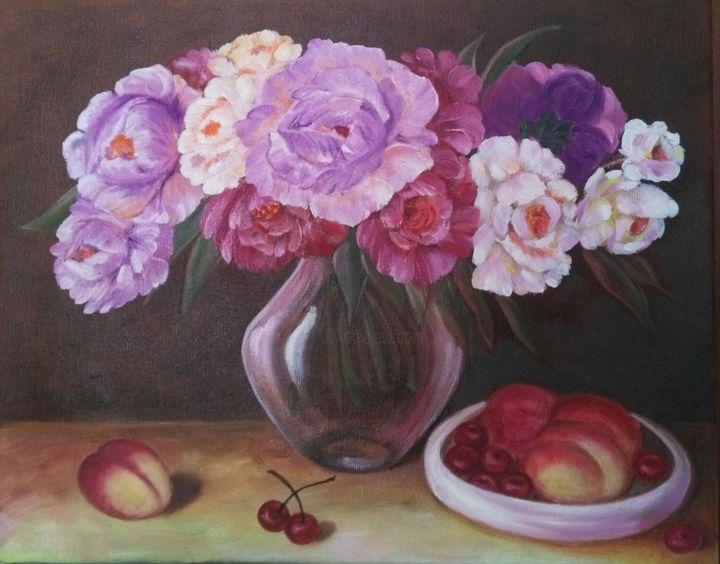 Painting titled "Peonies, peaches, c…" by Tatiana Shirova, Original Artwork, Oil