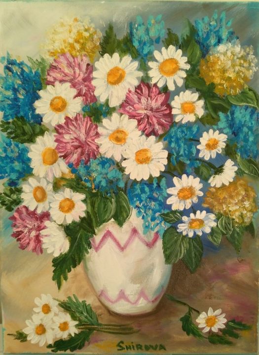 Malerei mit dem Titel "summer chamomiles" von Tatiana Shirova, Original-Kunstwerk, Öl