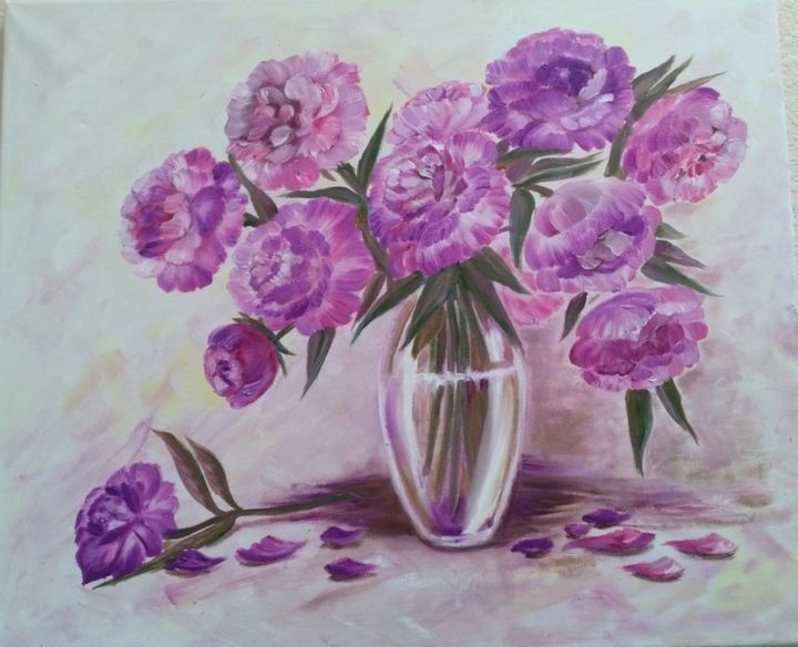 Painting titled "Lilac Peonies" by Tatiana Shirova, Original Artwork, Oil