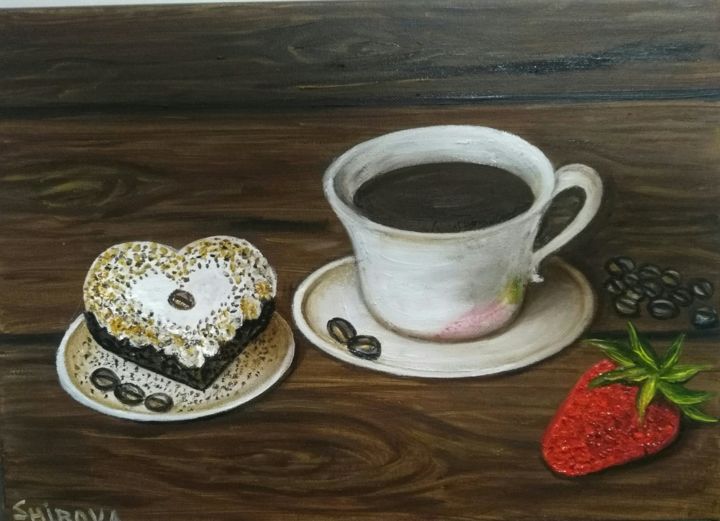 Pintura titulada "cup of coffee and c…" por Tatiana Shirova, Obra de arte original, Oleo