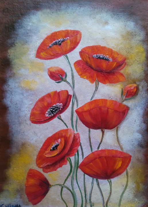 Картина под названием "poppies and Sun" - Tatiana Shirova, Подлинное произведение искусства, Масло