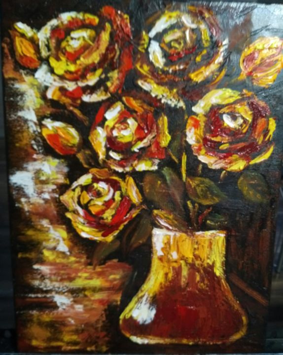 Painting titled "autumn roses" by Tatiana Shirova, Original Artwork, Oil Mounted on Wood Stretcher frame