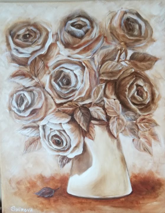 Schilderij getiteld "Roses Coffee" door Tatiana Shirova, Origineel Kunstwerk, Olie Gemonteerd op Frame voor houten brancard