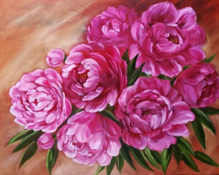Painting titled "Pink Piones" by Tatiana Shirova, Original Art, Oil