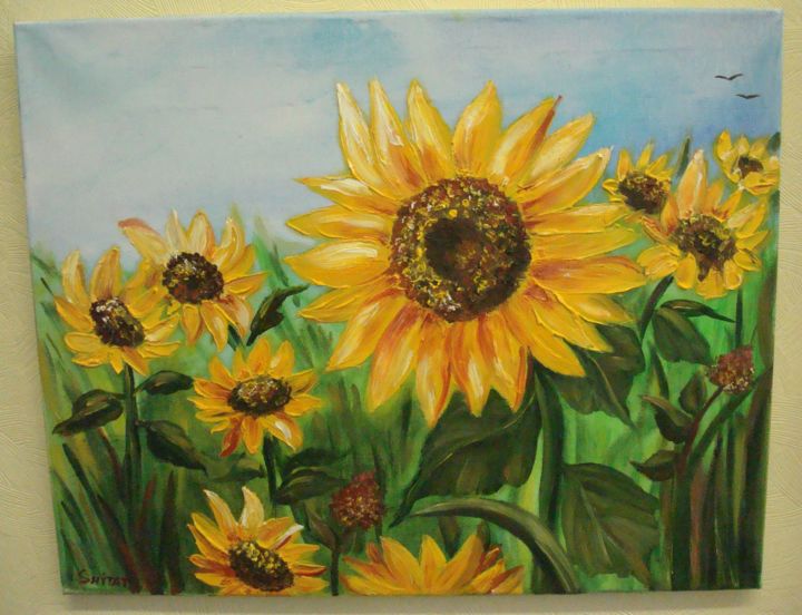 Painting titled "Sunflowers / Подсол…" by Tatiana Shirova, Original Artwork, Oil