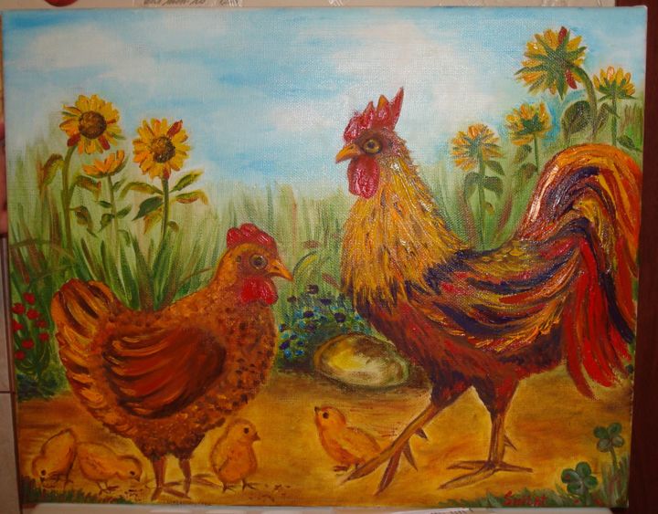 Painting titled "year of the Rooster" by Tatiana Shirova, Original Artwork, Oil