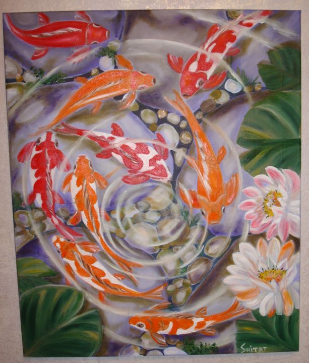 Painting titled "nine carp" by Tatiana Shirova, Original Artwork, Oil