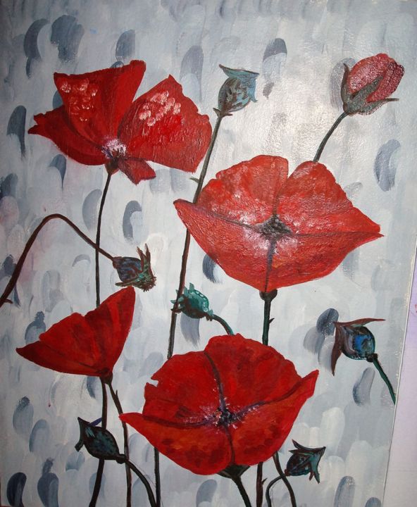 Painting titled "thoughtful poppies" by Tatiana Shirova, Original Artwork, Oil