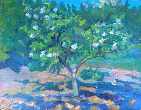 Pintura titulada "яблоня цветёт" por Vladimir Shiyan, Obra de arte original, Oleo