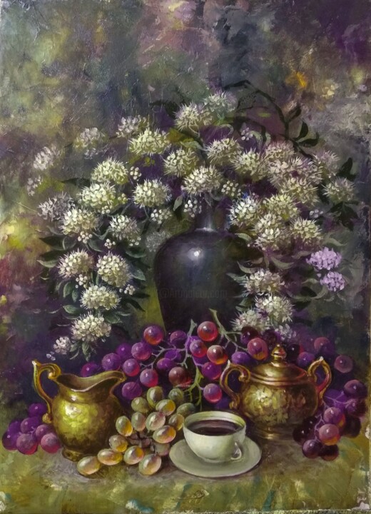 Painting titled "Красива спирея" by Tatiana Shmakova, Original Artwork, Oil Mounted on Wood Stretcher frame