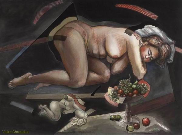 Картина под названием ""Лежащая у вазы с ф…" - Victor Shmokhin, Подлинное произведение искусства