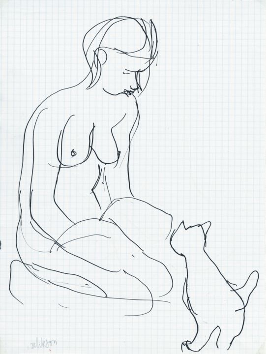 Drawing titled "Jeune Fille au Chat" by Amos Zelikson, Original Artwork, Ink