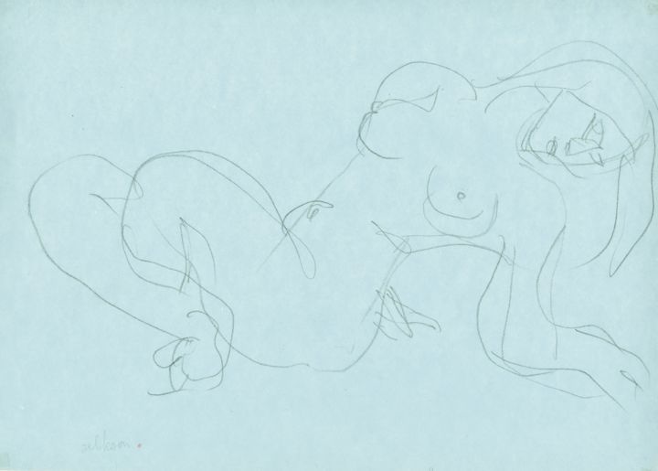 Drawing titled "Femme Nue Couchée" by Amos Zelikson, Original Artwork, Pencil