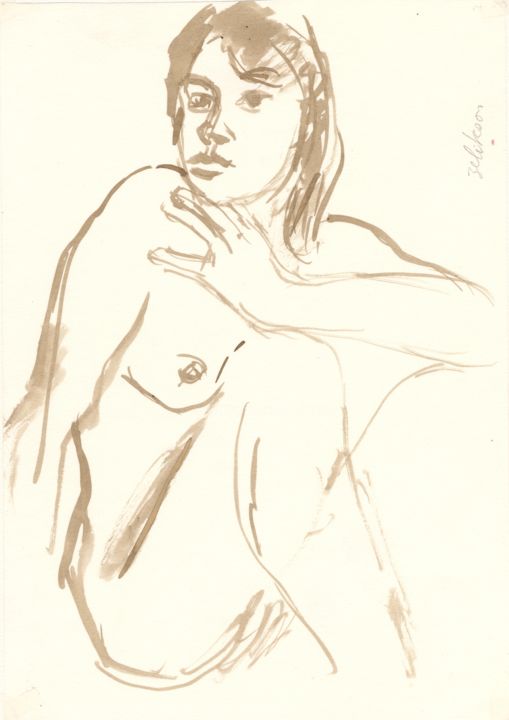 Drawing titled "Femme Nue Assise" by Amos Zelikson, Original Artwork, Ink