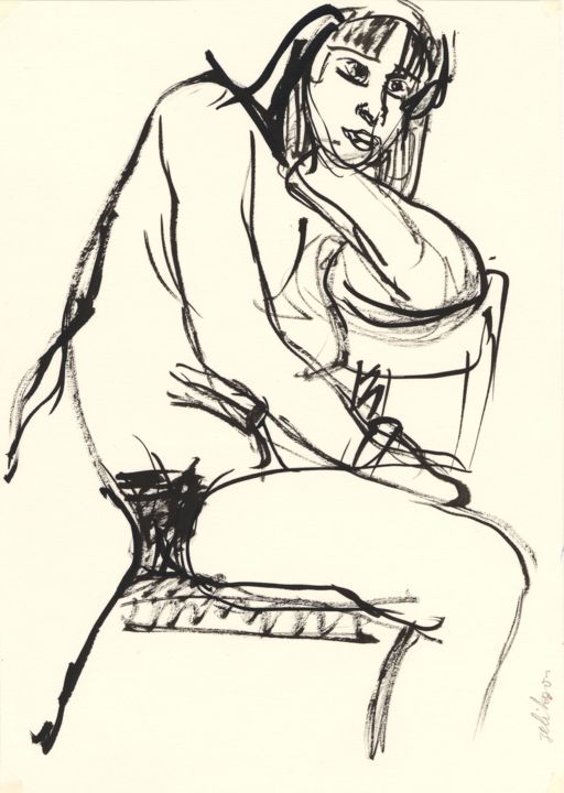 Drawing titled "Femme Nue Assise" by Amos Zelikson, Original Artwork, Marker