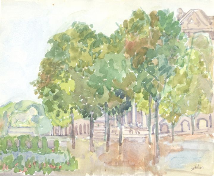 Peinture intitulée "Paris : Parc des Tu…" par Amos Zelikson, Œuvre d'art originale, Aquarelle