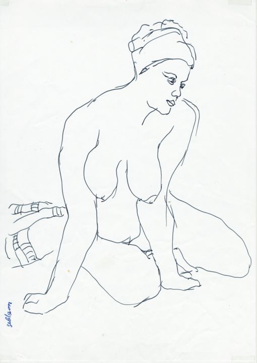 Drawing titled "E26 Femme Nue Assise" by Amos Zelikson, Original Artwork, Ink