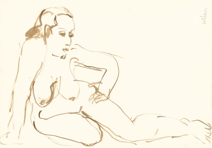 Zeichnungen mit dem Titel "E34 Femme Nue Adoss…" von Amos Zelikson, Original-Kunstwerk, Tinte